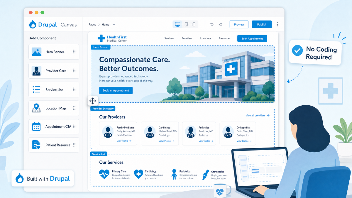 Drupal Canvas visual page builder interface showing healthcare-specific components — Hero Banner, Provider Card, Service List, Location Map, Appointment CTA, and Patient Resource — being assembled without coding