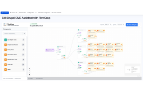 Flowdrop UI in a browser showing the Drupal CMS Assistant flow
