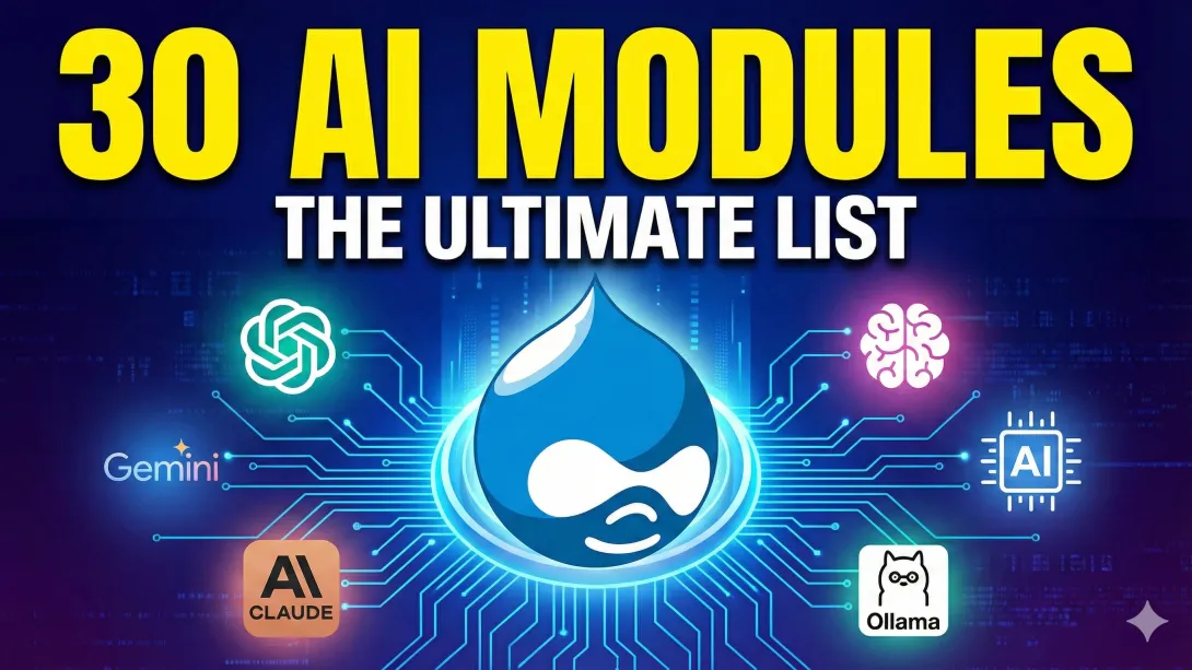 Digital illustration featuring a glowing blue Drupal logo connected via circuit lines to AI provider icons including OpenAI, Gemini, Claude, and Ollama. Large yellow text reads '30 AI MODULES' with the subtitle 'THE ULTIMATE LIST' against a dark tech background.