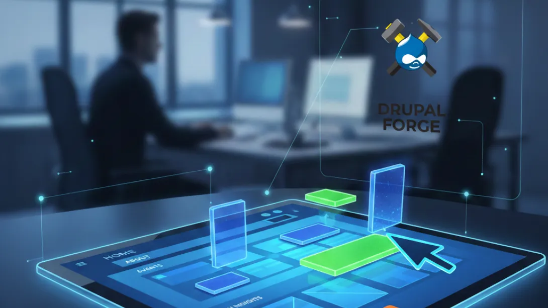 A futuristic digital workspace featuring a glowing tablet interface with 3D website building blocks. The image includes the text 'Drupal Canvas Design Faster' and the DrupalForge logo—a blue Drupal drop icon with crossed hammers—over a blurred office background.