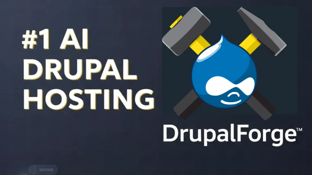 A data visualization on a dark slate background comparing Traditional PaaS to DrupalForge performance. A towering bar chart in blue-to-yellow gradients is topped by the DrupalForge Goggle Drop logo. Text indicates '#1 FOR AI-READY SITES' with instant provisioning, hybrid orchestration, 80% cost reduction, and native AWS EKS support. A prominent golden-yellow upward-pointing arrow is central.