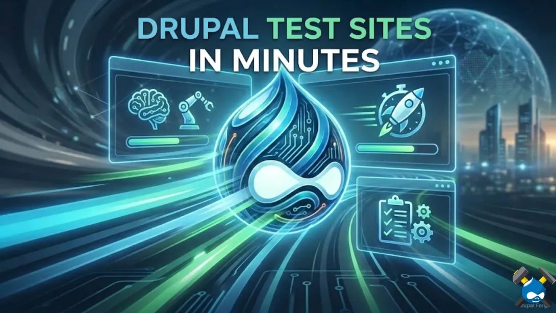 Holographic illustration of a high-speed Drupal droplet icon with text reading 'DRUPAL TEST SITES IN MINUTES,' symbolizing rapid 2026 development workflows and automated provisioning.