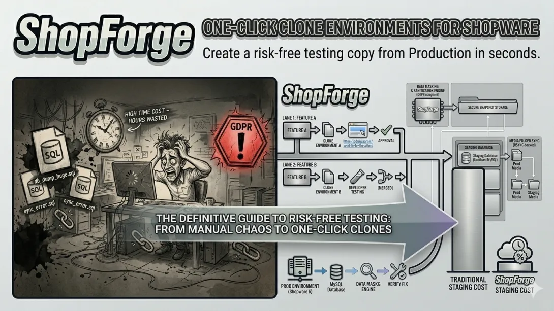 A wide infographic contrasting traditional, chaotic manual staging (left) with optimized ShopForge workflows (right). On the left, a frantic developer pulls their hair out, surrounded by icons of manual database dumps (SQL), time costs (clock), and red GDPR risks. A large arrow bridges this chaos to the right, labeled 'THE DEFINITIVE GUIDE TO RISK-FREE TESTING: FROM MANUAL CHAOS TO ONE-CLICK CLONES'. On the right, clean technical diagrams (derived from image_19.png and image_21.png) show parallel 'Lane' wor