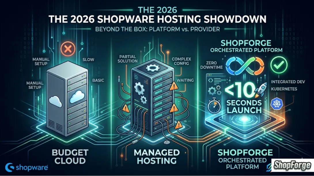Infographic comparing three tiers of Shopware 6 hosting in 2026: Budget Cloud with manual setup, Managed Hosting with complex configuration, and ShopForge Orchestrated Platform featuring a <10 seconds launch, Kubernetes integration, and zero-downtime deployments.