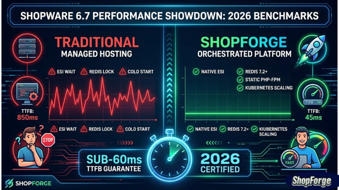 A technical performance dashboard comparison graph for Shopware 6.7 in 2026. A traditional managed hosting scenario (left) shows high Time to First Byte (TTFB: 850ms) and warning icons for 'ESI WAIT', 'REDIS LOCK', and 'COLD START'. The ShopForge Orchestrated Platform (right) shows ultra-low latency (TTFB: 45ms) and green checkmarks for 'NATIVE ESI', 'REDIS 7.2+', 'STATIC PHP-FPM', and 'KUBERNETES SCALING'. A central stopwatch guarantees 'SUB-60ms TTFB'. Modern digital infographic style.