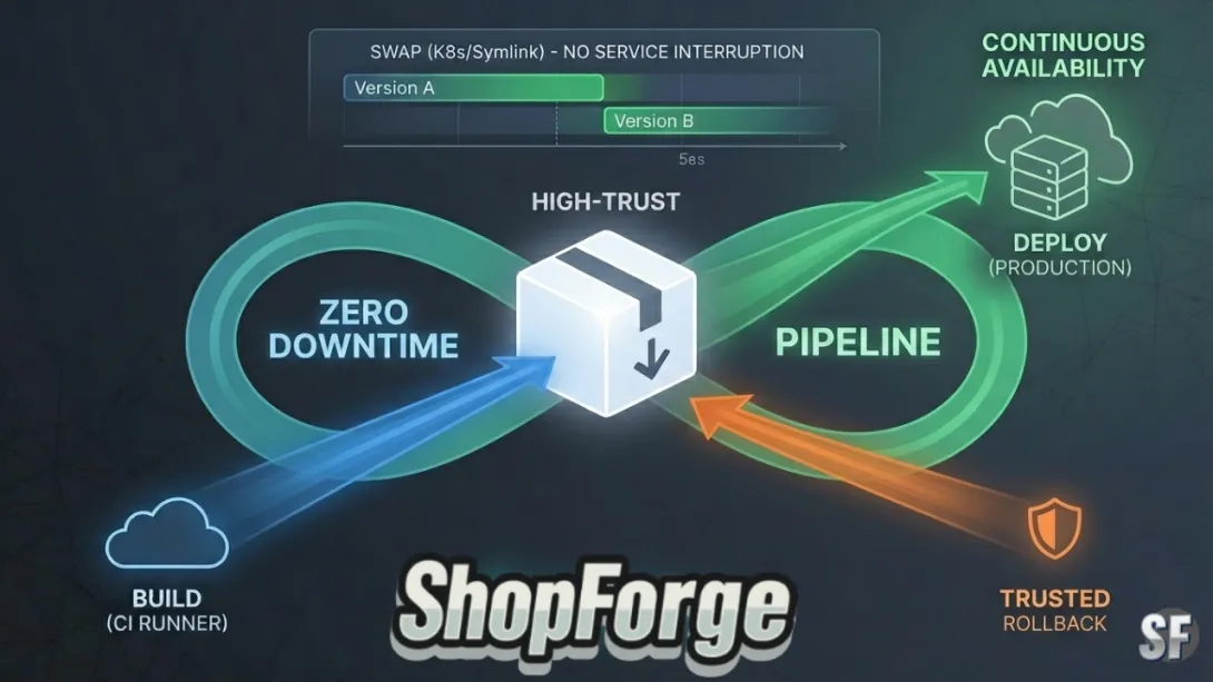 A minimalist architectural diagram designed as a featured blog image, illustrating a robust, zero-downtime deployment pipeline. The image features a single, centralized architectural Artifact package acting as the hub. A blue 'Build' stream flows into the artifact, and a powerful green data beam flows smoothly from the artifact and ascends directly to a glowing cloud labeled 'Deploy (Zero Downtime)'. This creates a seamless, infinite availability loop. A separate orange pathway loops backward with a shield 