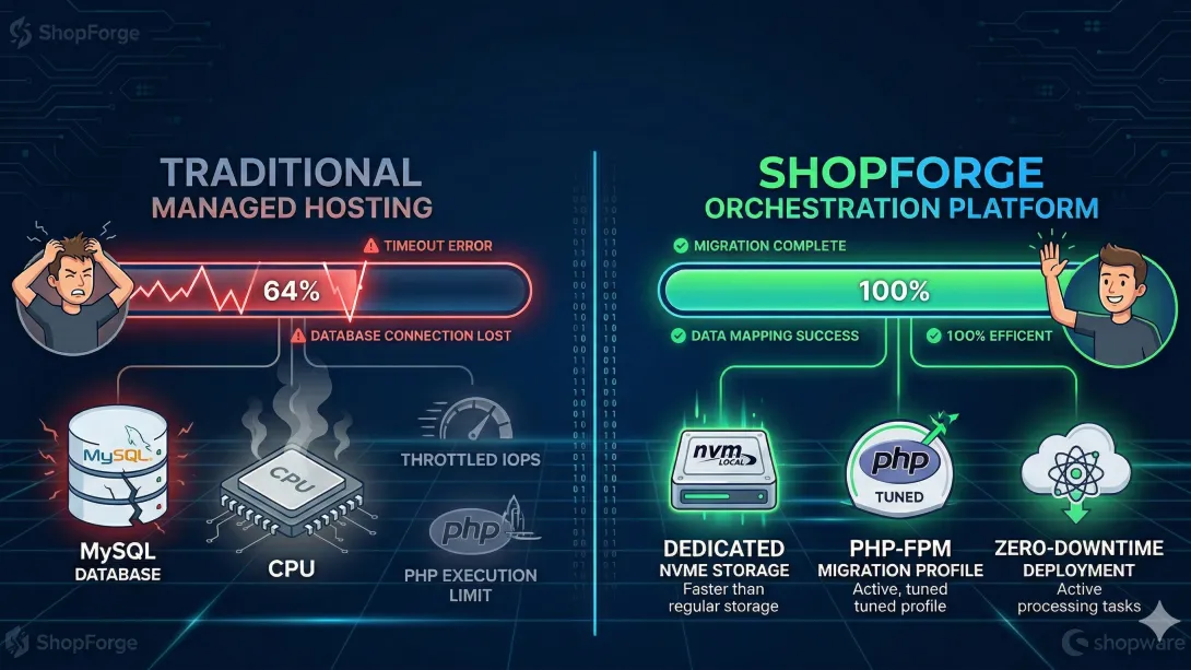 A technical infographic comparing Shopware 6.7 migration success. The left (Traditional Hosting) shows a failed 64% progress bar with timeout errors and a stressed developer. The right (ShopForge) shows a 100% complete progress bar and success icons for NVMe storage, tuned PHP-FPM, and RabbitMQ. Done in professional tech colors.