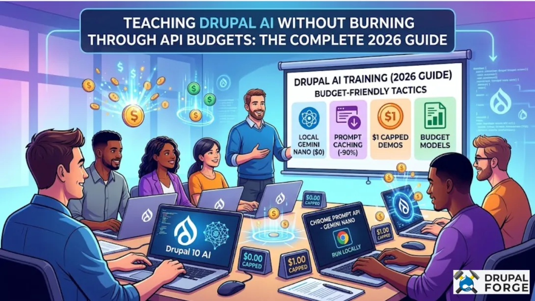 A modern classroom setting of diverse developers attending a "Drupal AI Training" workshop. A central presenter points to a digital screen titled "Budget-Friendly Tactics," highlighting key strategies: Local Gemini Nano ($0), Prompt Caching (-90%), $1 Capped Demos, and Budget Models. The students work on laptops displaying Drupal 10 AI logos and Chrome Prompt API interfaces, with floating digital icons representing "zero-cost" and "$1.00 capped" API spending limits.