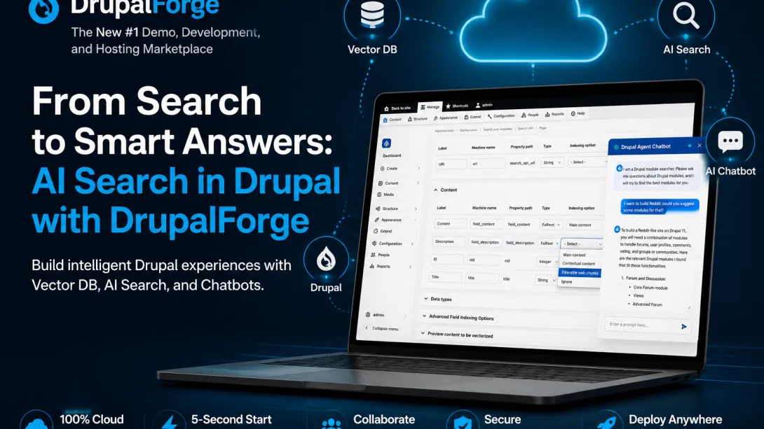 DrupalForge featured graphic showing AI Search in Drupal, with a laptop displaying a Drupal admin interface, chatbot panel, vector database icon, cloud infrastructure, and connected AI search workflow.