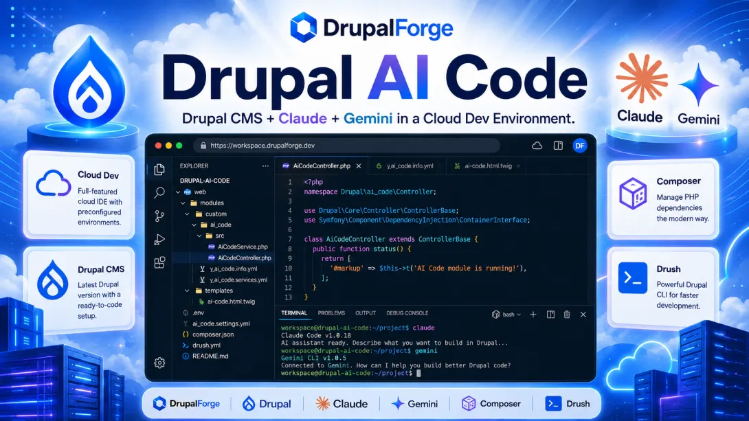 Featured promotional image for Drupal AI Code showing DrupalForge branding, Drupal, Claude, and Gemini logos, and a cloud-based code editor interface for AI-assisted Drupal development