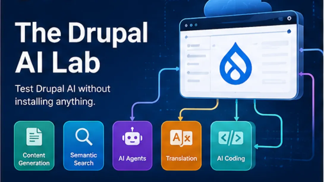 DrupalForge cloud workspace displaying Drupal AI tools for content generation, semantic search, AI agents, translation, and AI-assisted coding.