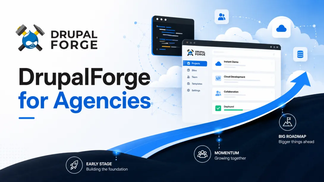 DrupalForge for Agencies graphic showing a cloud development dashboard, collaboration tools, deployment features, and an upward growth arrow.
