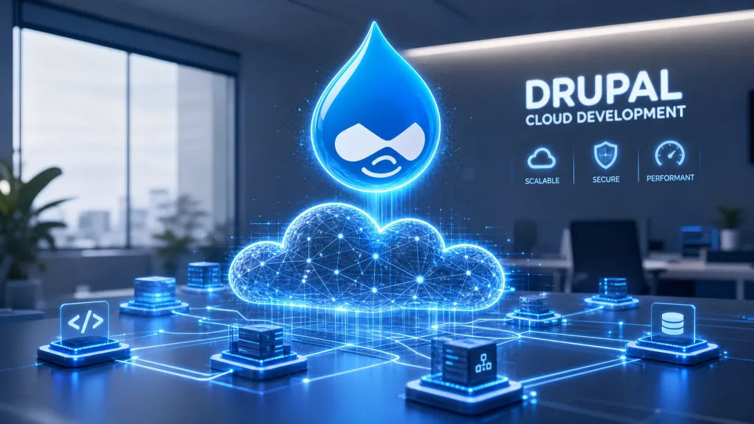 Conceptual illustration of a glowing Drupal logo hovering above a futuristic cloud computing network, representing Drupal cloud development.