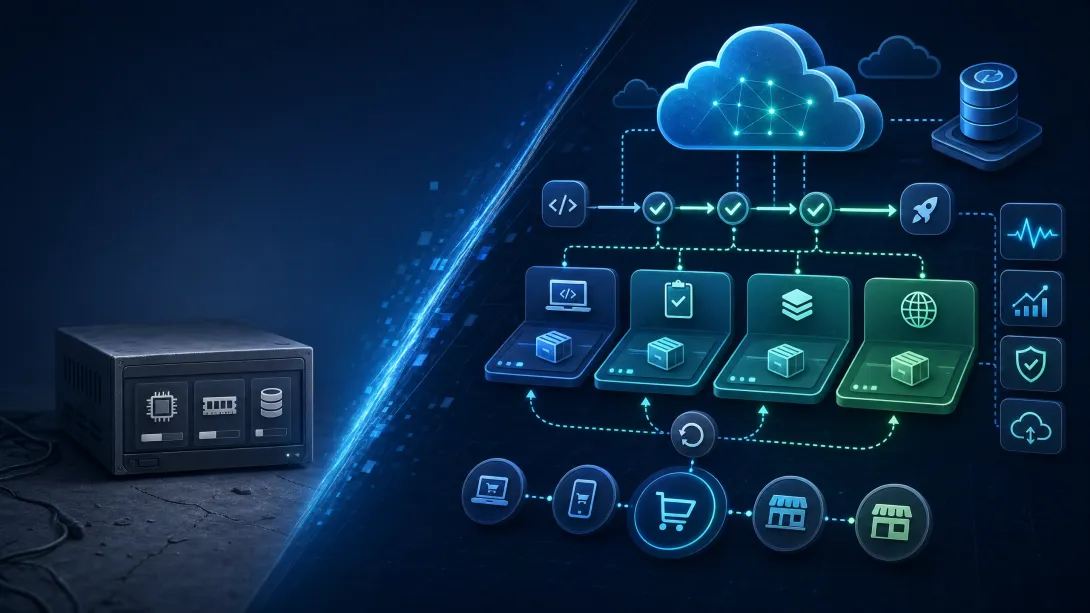 Abstract comparison between commodity hosting and modern cloud operations for Shopware teams.
