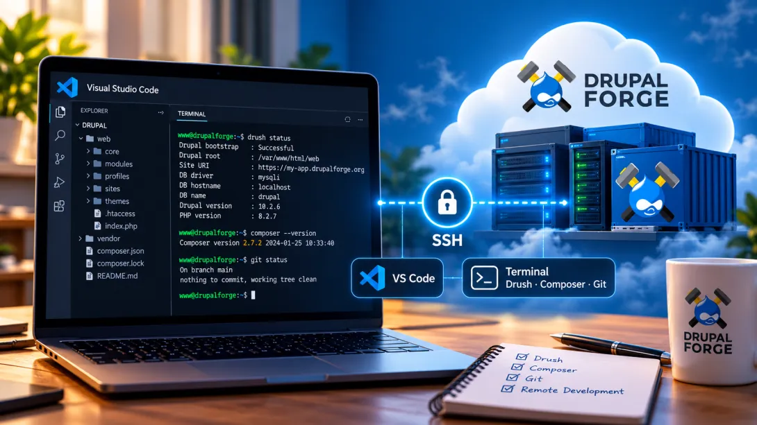DrupalForge cloud development environment connected securely via SSH to a laptop running Visual Studio Code, featuring Drupal development tools including Drush, Composer, and Git.